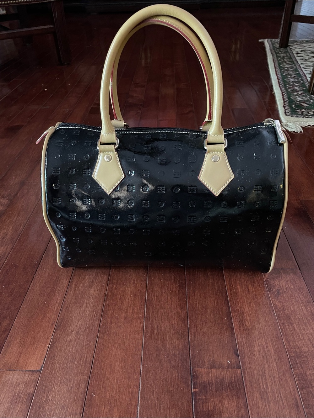 Acadia Black Patent Leather Satchel Bag with Tan Leather Trim and Handles- EUC